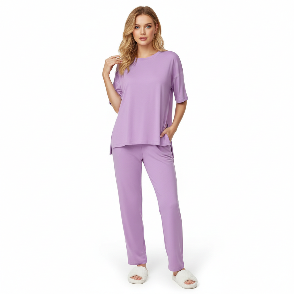 Two Piece Lounge Pajama Set With Short Sleeve Top And Pants For Women