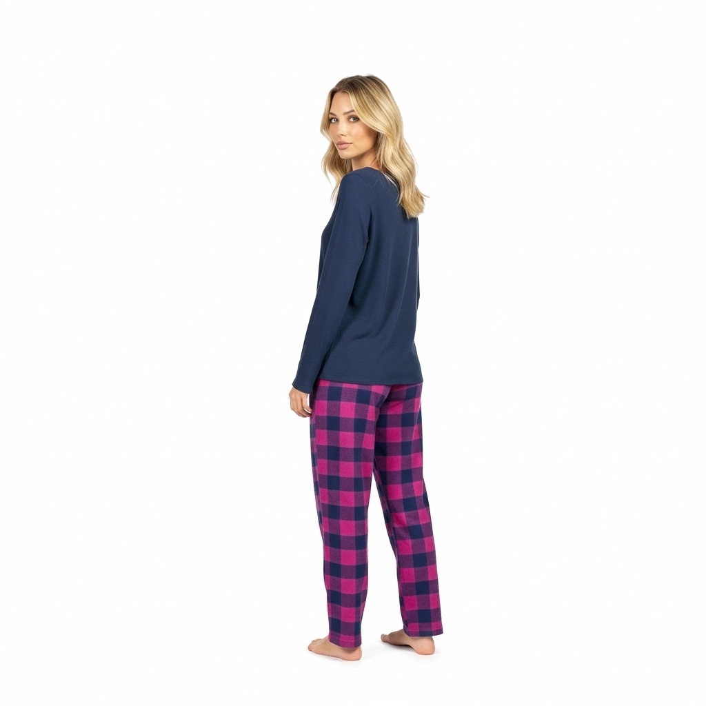 Long Sleeve Top And Plaid Pajama Set For Women