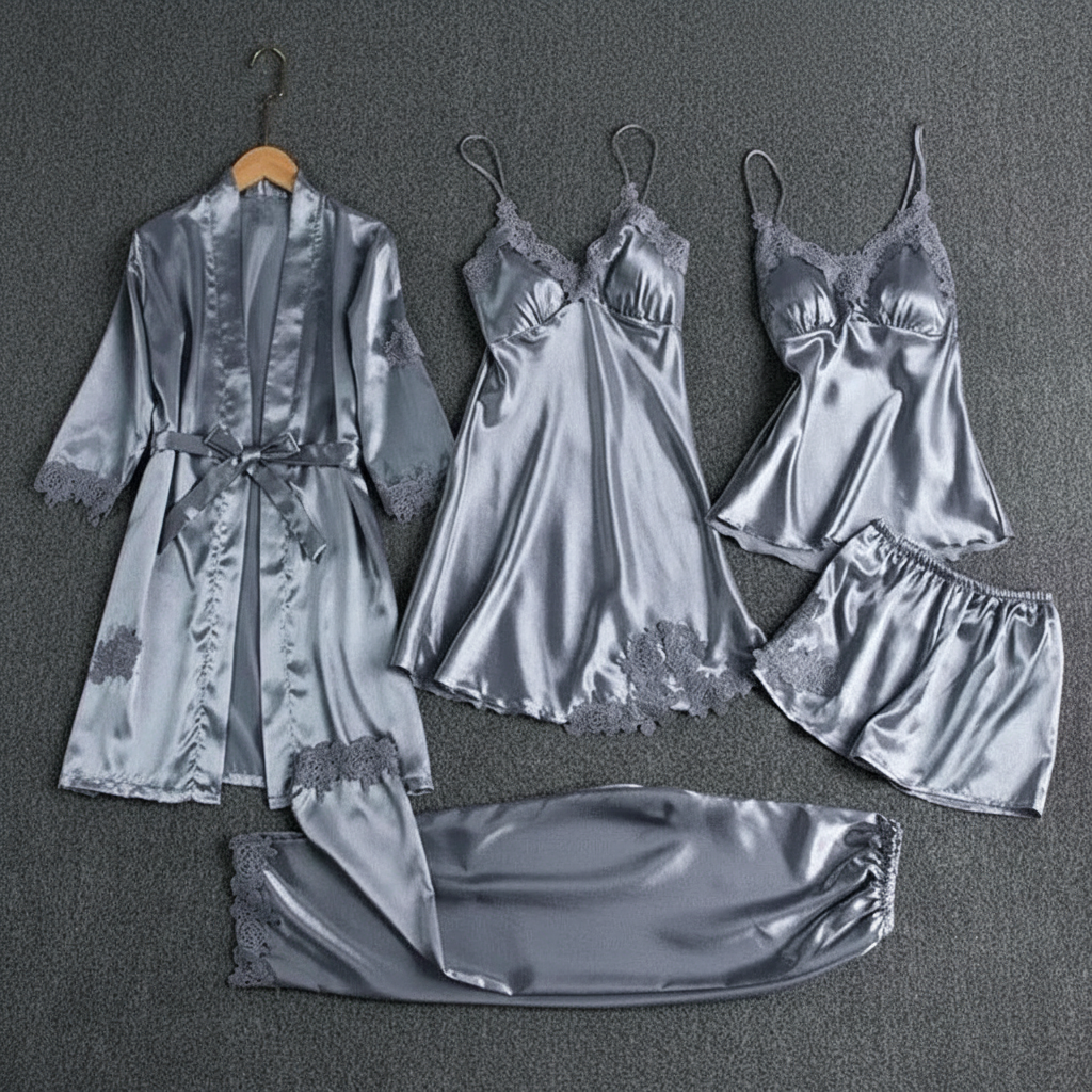 5 Piece Lace Trim Pajama Set With Robe And Lounge Pants