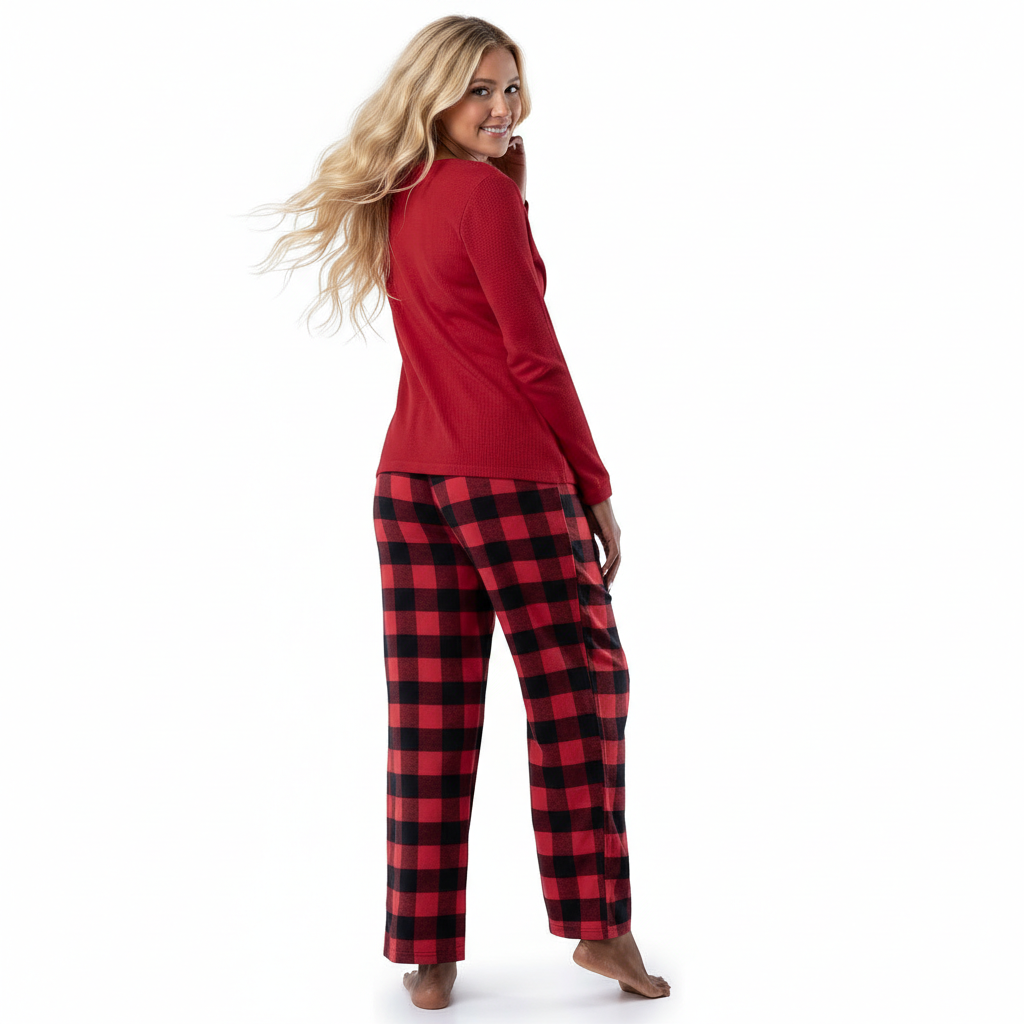 Long Sleeve Top And Plaid Pajama Set For Women