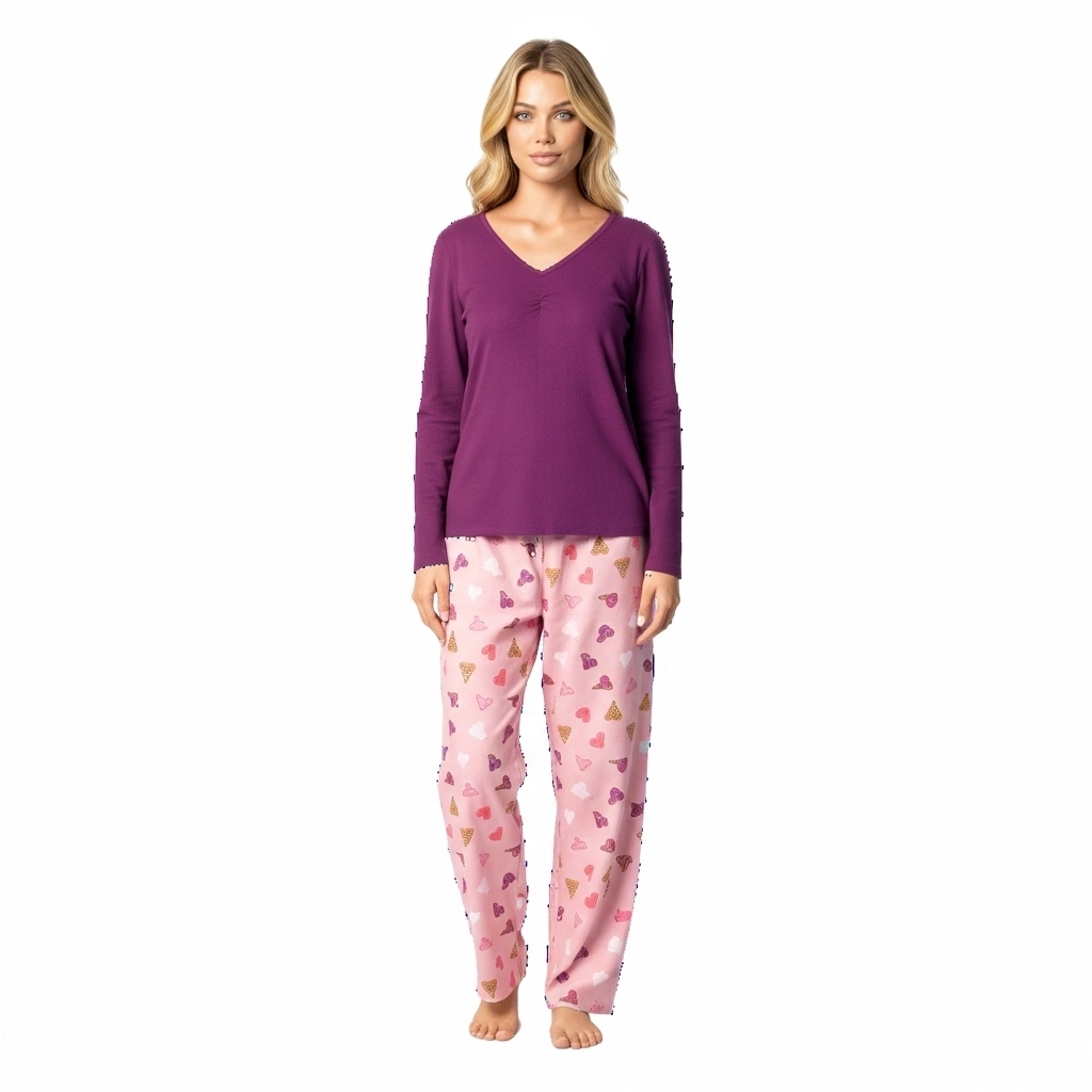 Long Sleeve Top And Plaid Pajama Set For Women