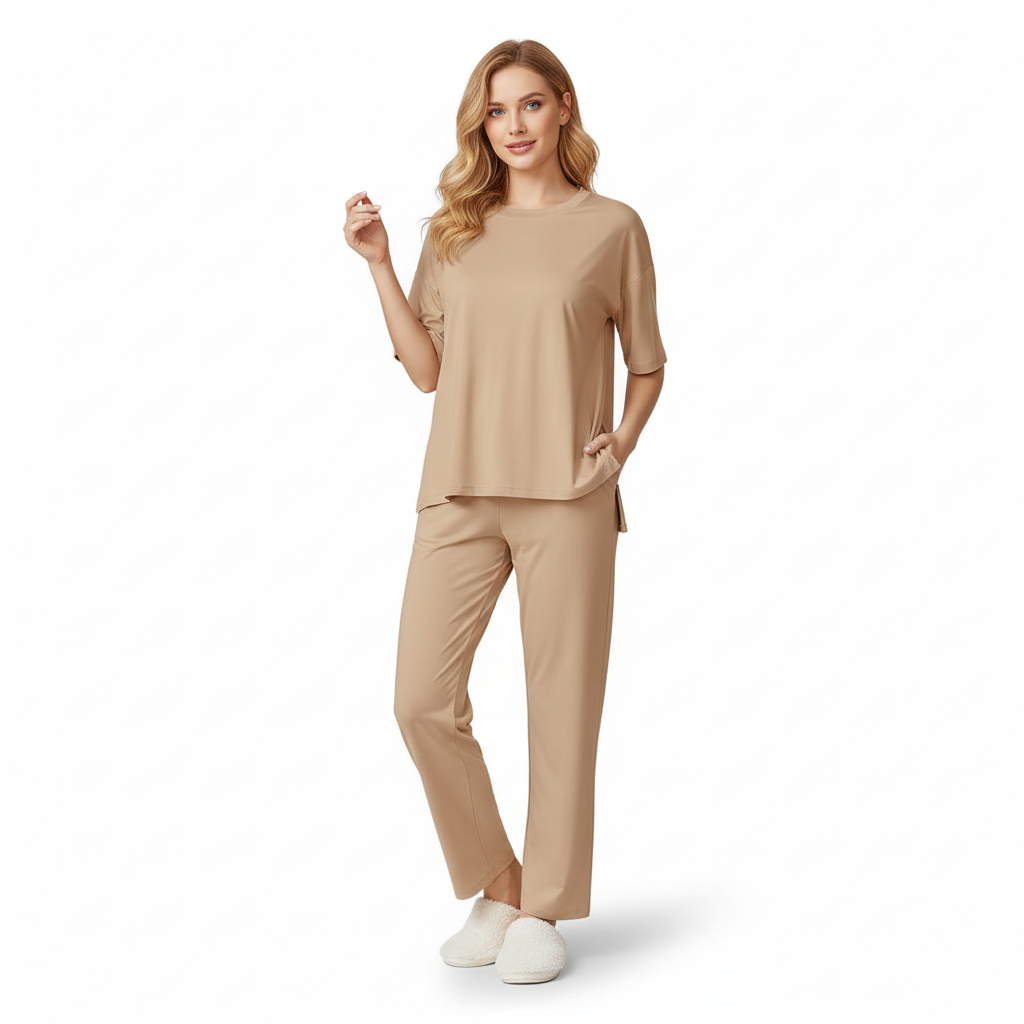 Two Piece Lounge Pajama Set With Short Sleeve Top And Pants For Women