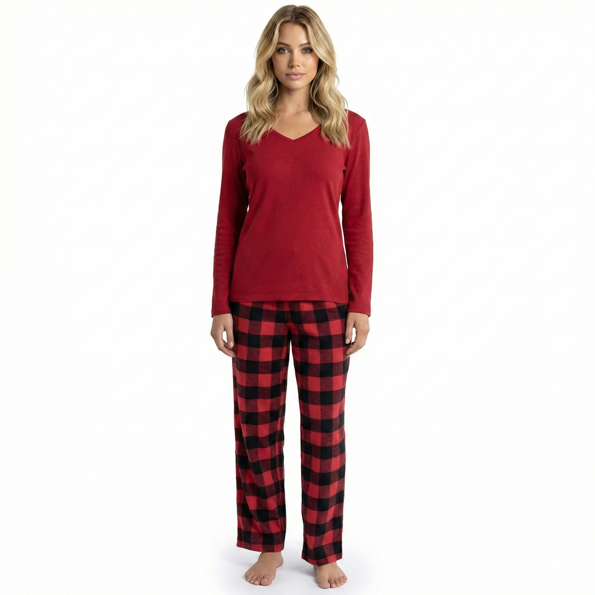 Long Sleeve Top And Plaid Pajama Set For Women