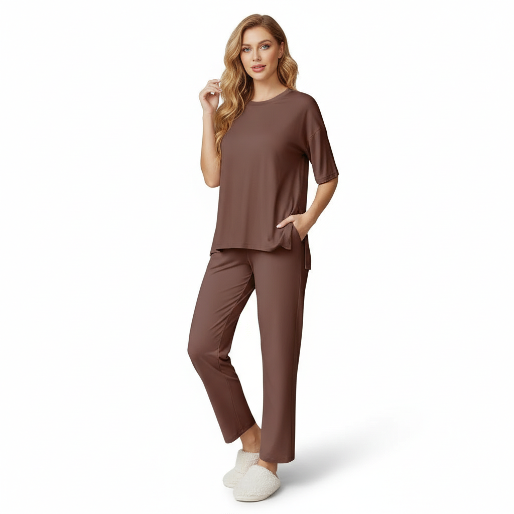 Two Piece Lounge Pajama Set With Short Sleeve Top And Pants For Women