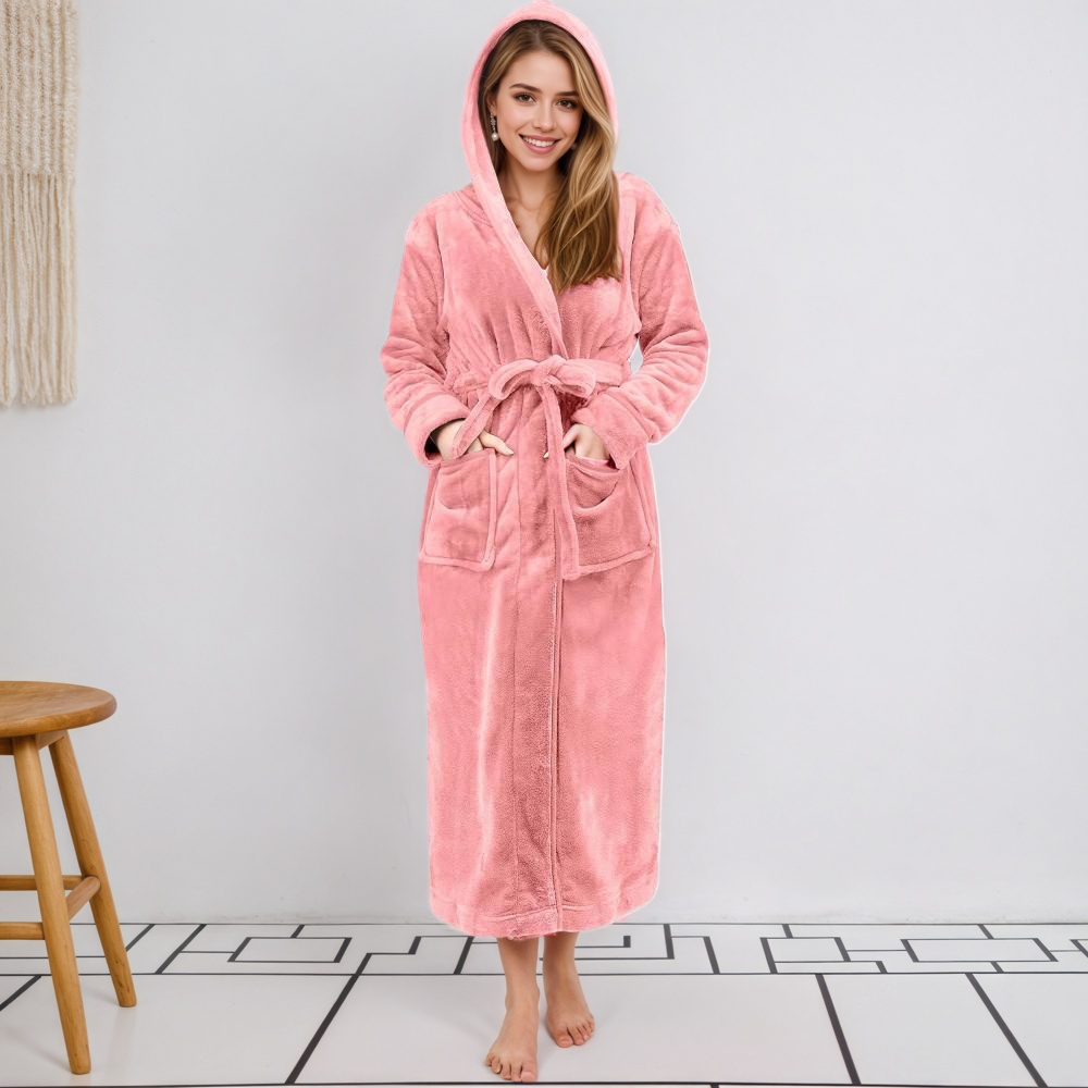 Women Long Hooded Bathrobe With Belt and Pockets