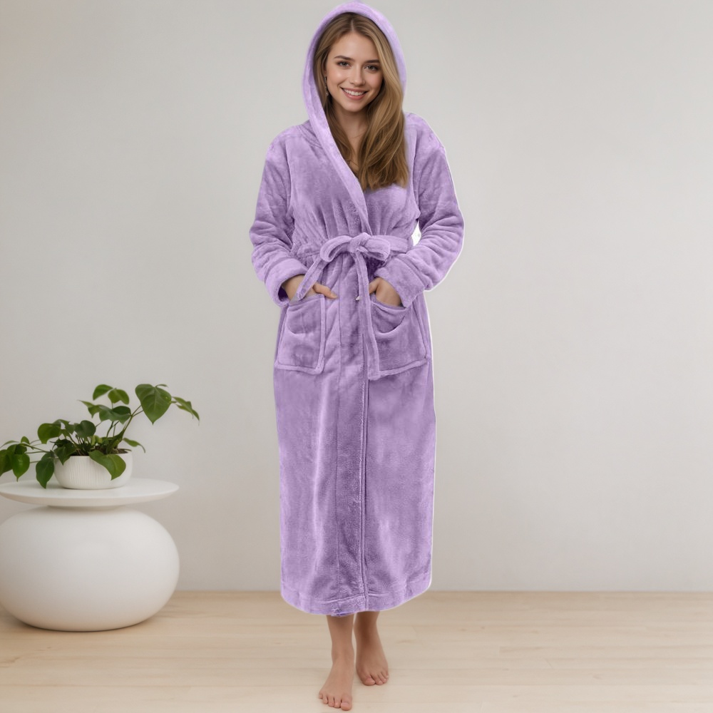 Women Long Hooded Bathrobe With Belt and Pockets
