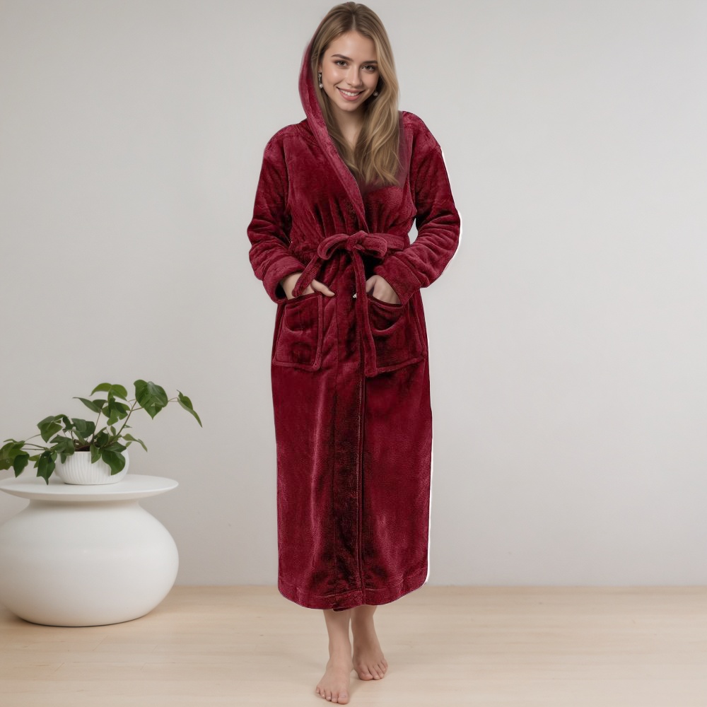 Women Long Hooded Bathrobe With Belt and Pockets