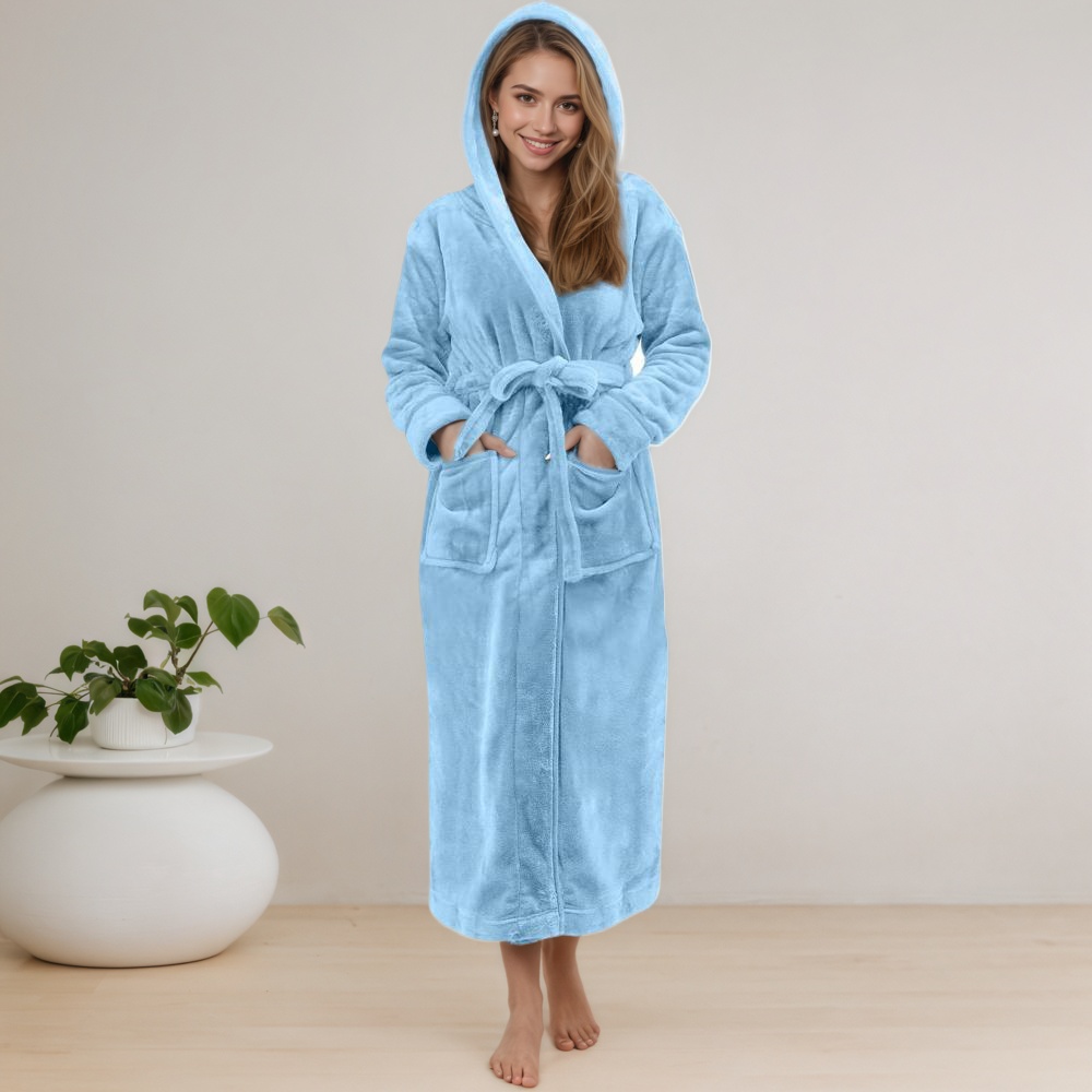 Women Long Hooded Bathrobe With Belt and Pockets