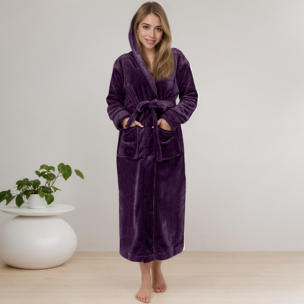 Women Long Hooded Bathrobe With Belt and Pockets