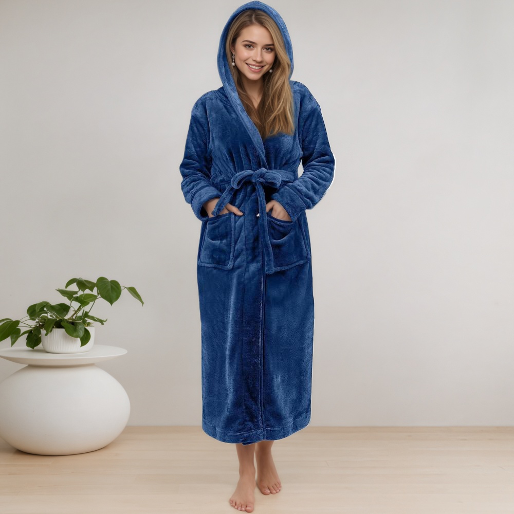 Women Long Hooded Bathrobe With Belt and Pockets
