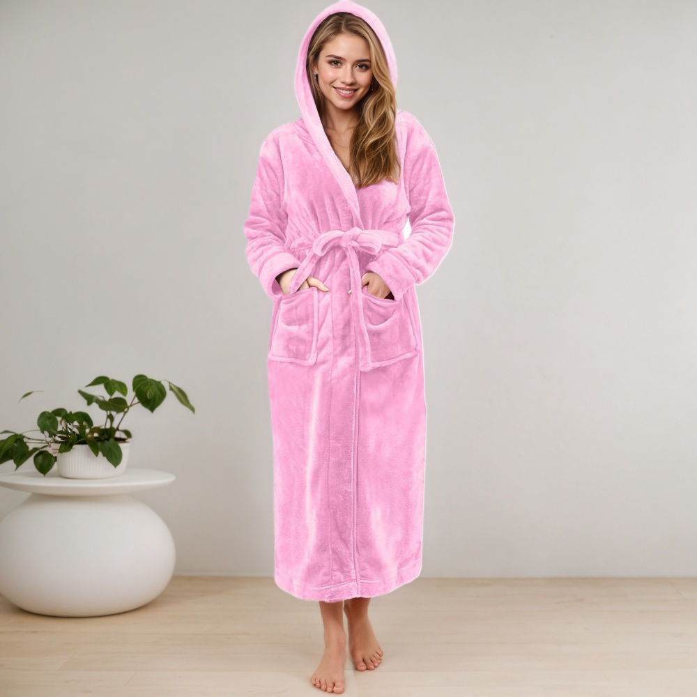 Women Long Hooded Bathrobe With Belt and Pockets