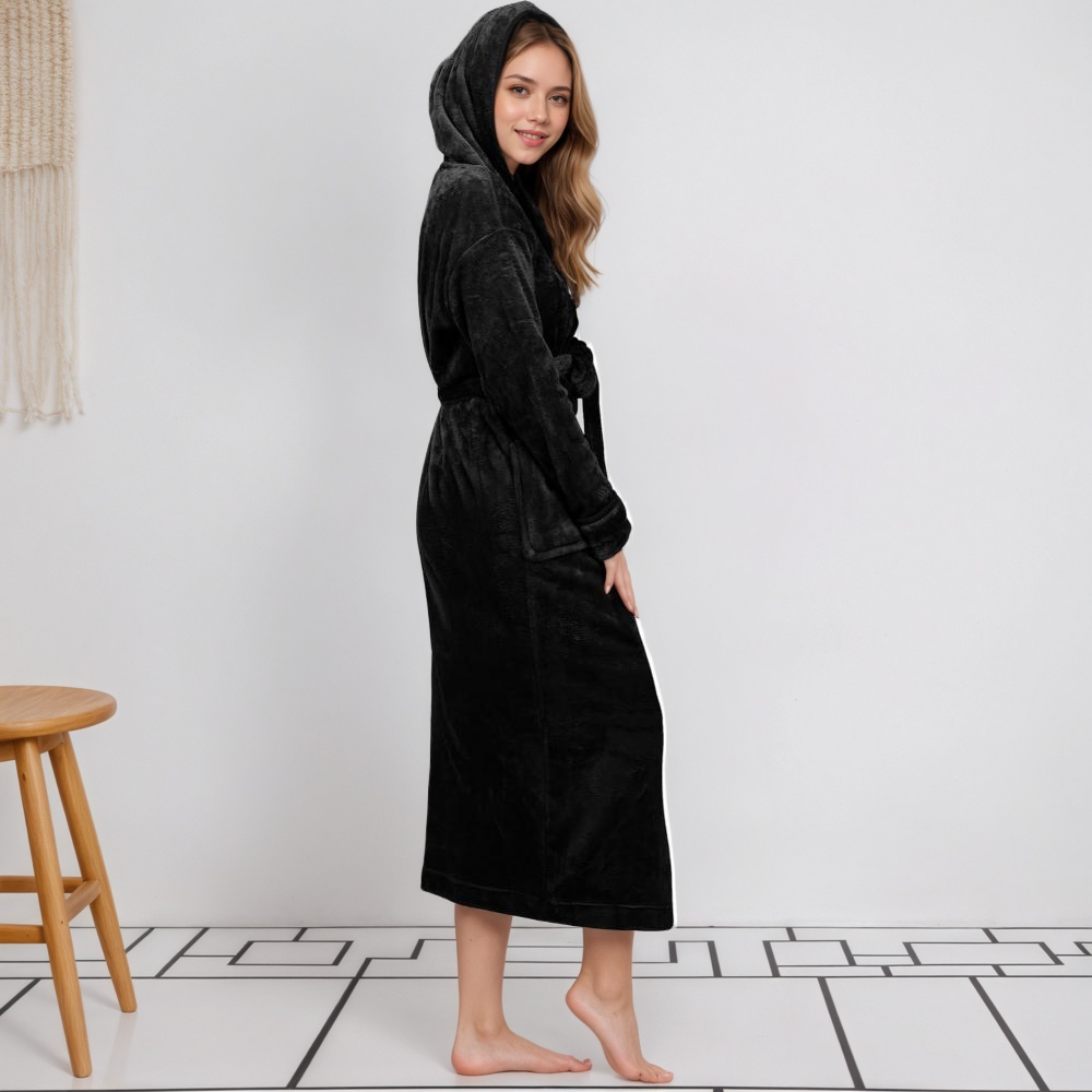 Women Long Hooded Bathrobe With Belt and Pockets