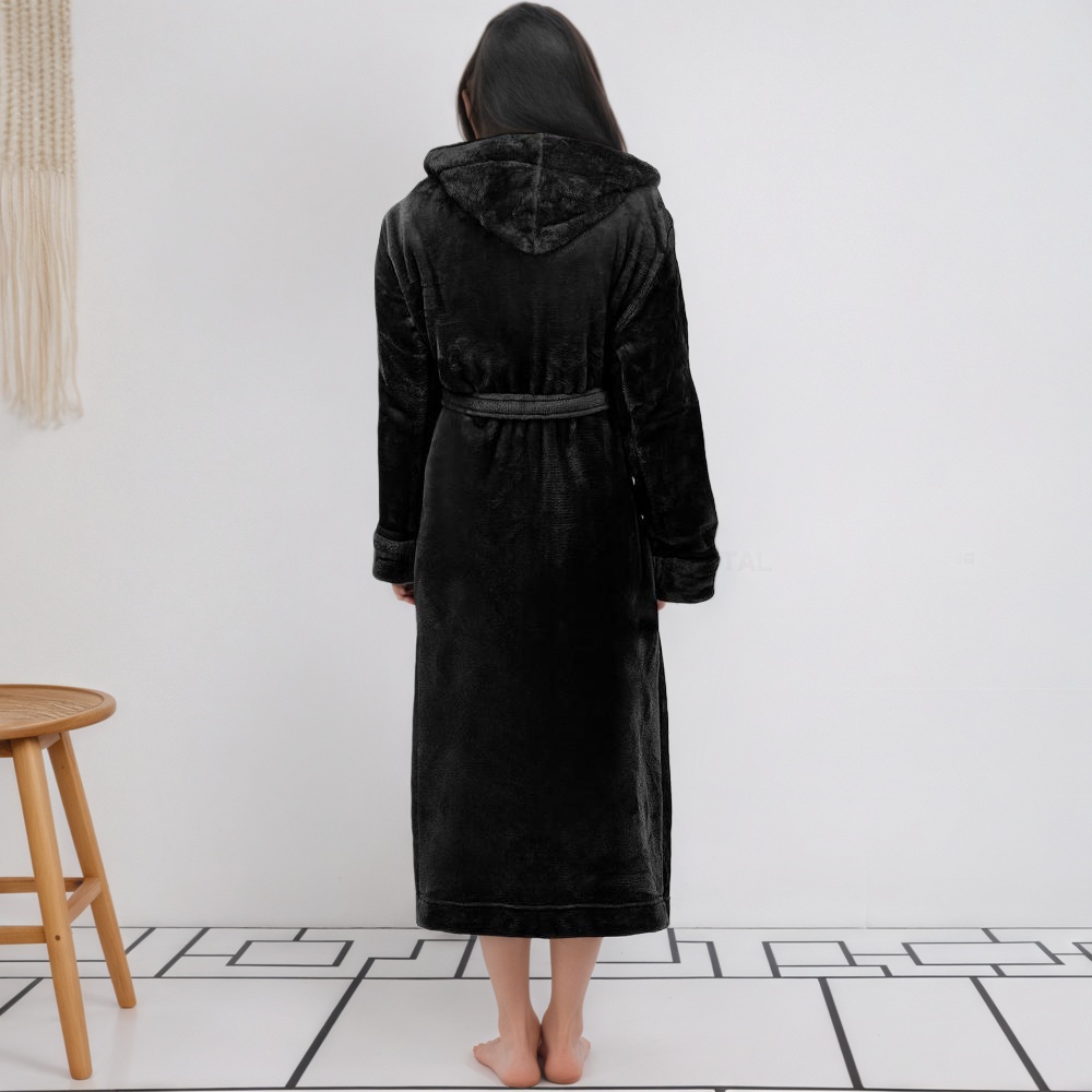 Women Long Hooded Bathrobe With Belt and Pockets