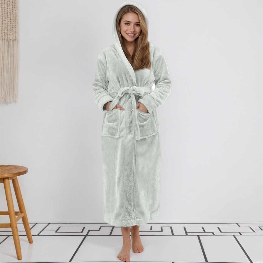 Women Long Hooded Bathrobe With Belt and Pockets