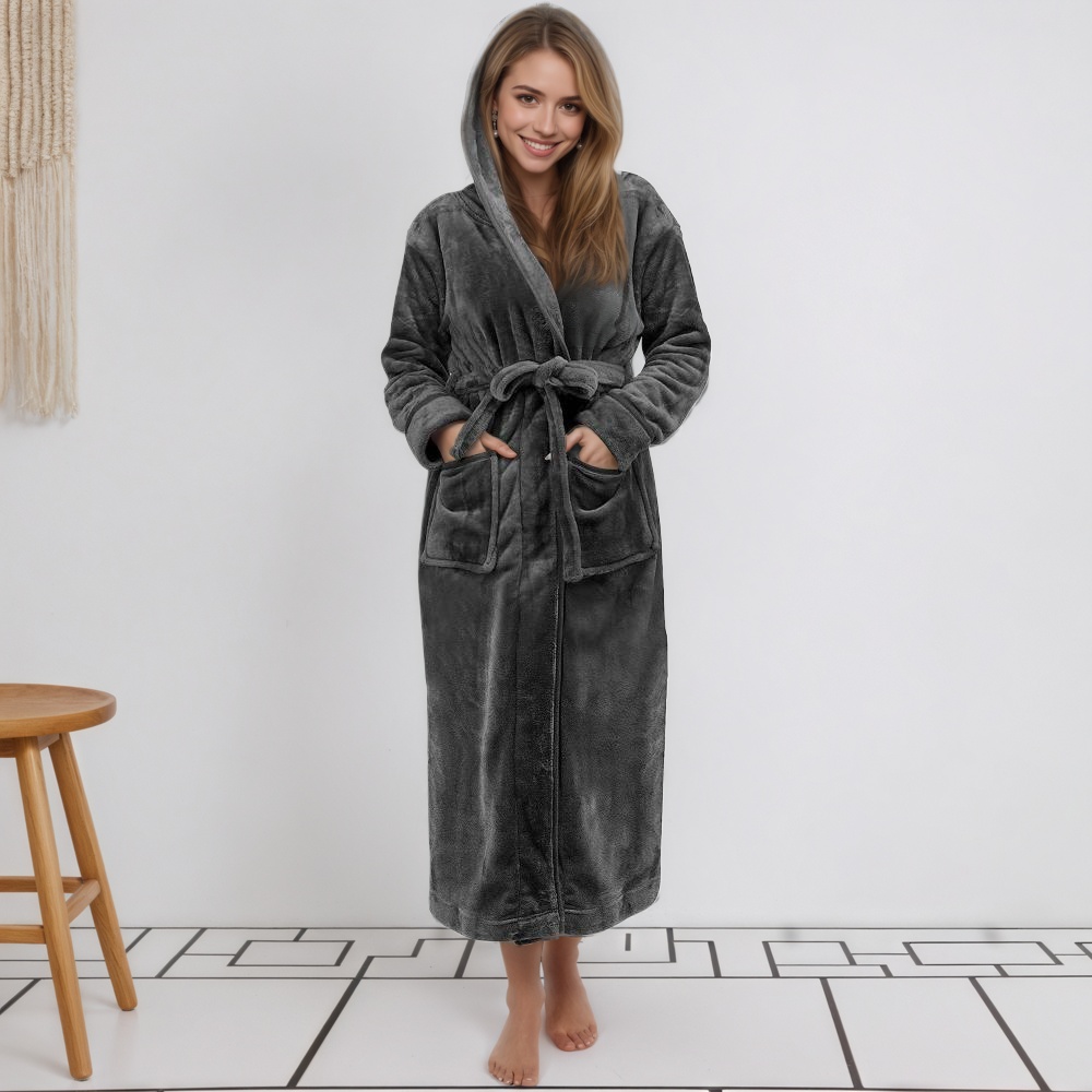 Women Long Hooded Bathrobe With Belt and Pockets