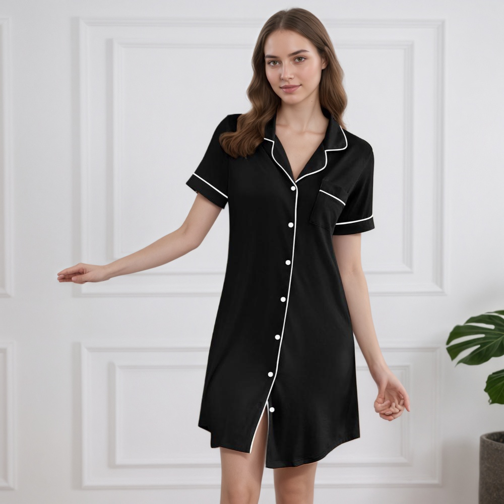 Women's Short Sleeve Button Down Nightgown Pajama Dress
