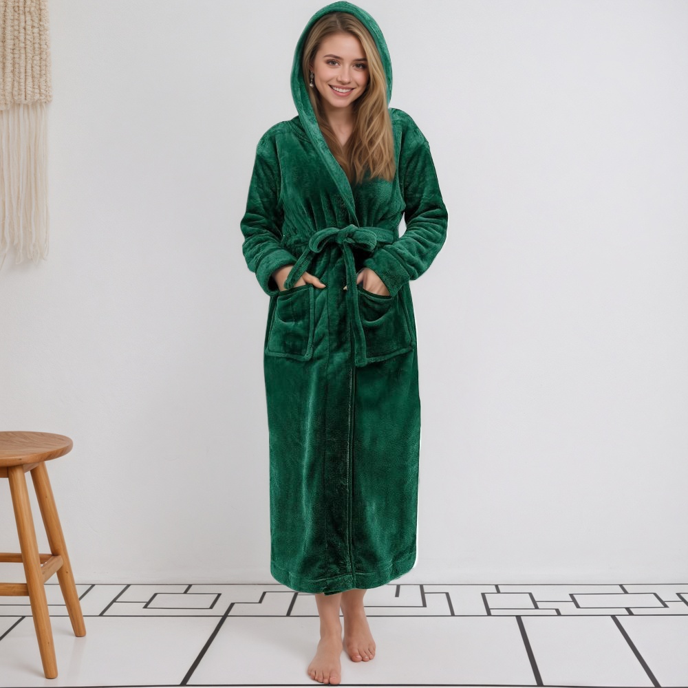 Women Long Hooded Bathrobe With Belt and Pockets
