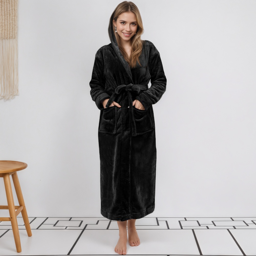 Women Long Hooded Bathrobe With Belt and Pockets
