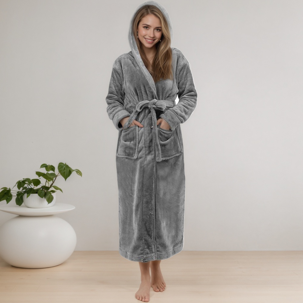 Women Long Hooded Bathrobe With Belt and Pockets