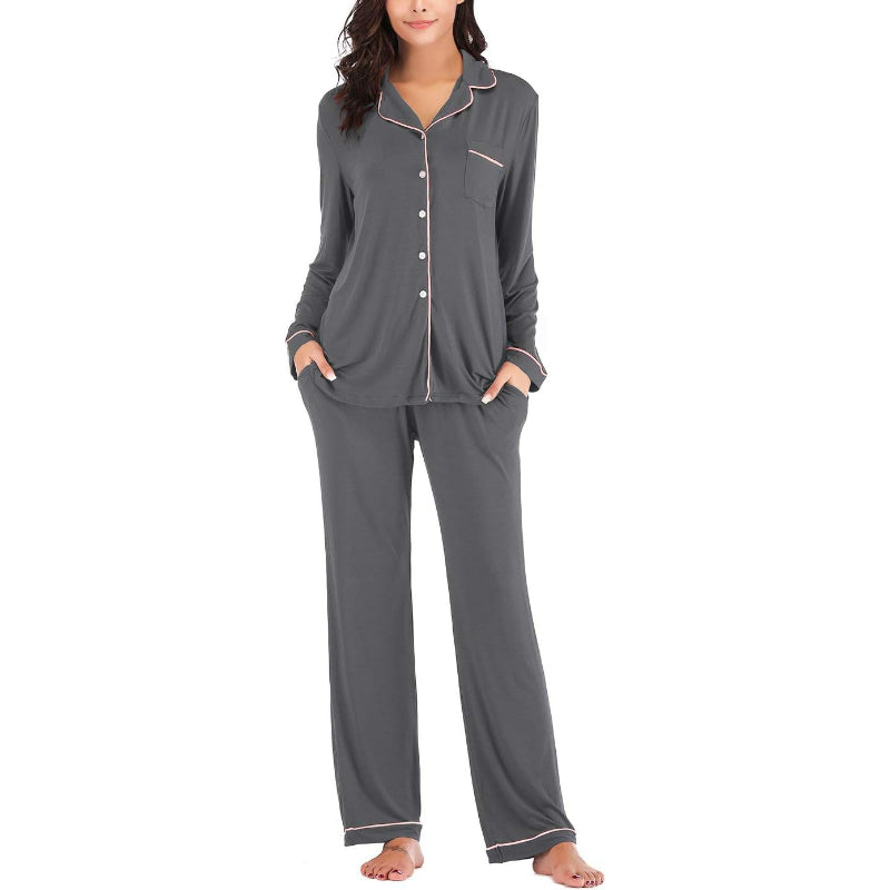 Solid Long Sleeve Button Down Nightwear Set-Original Pajamas