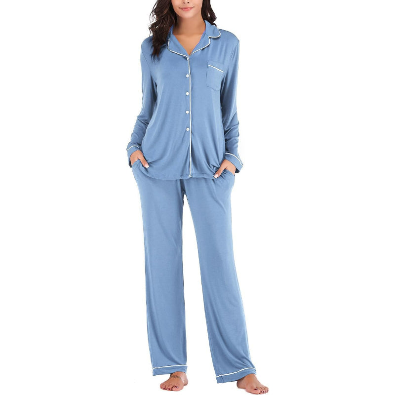 Solid Long Sleeve Button Down Nightwear Set-Original Pajamas