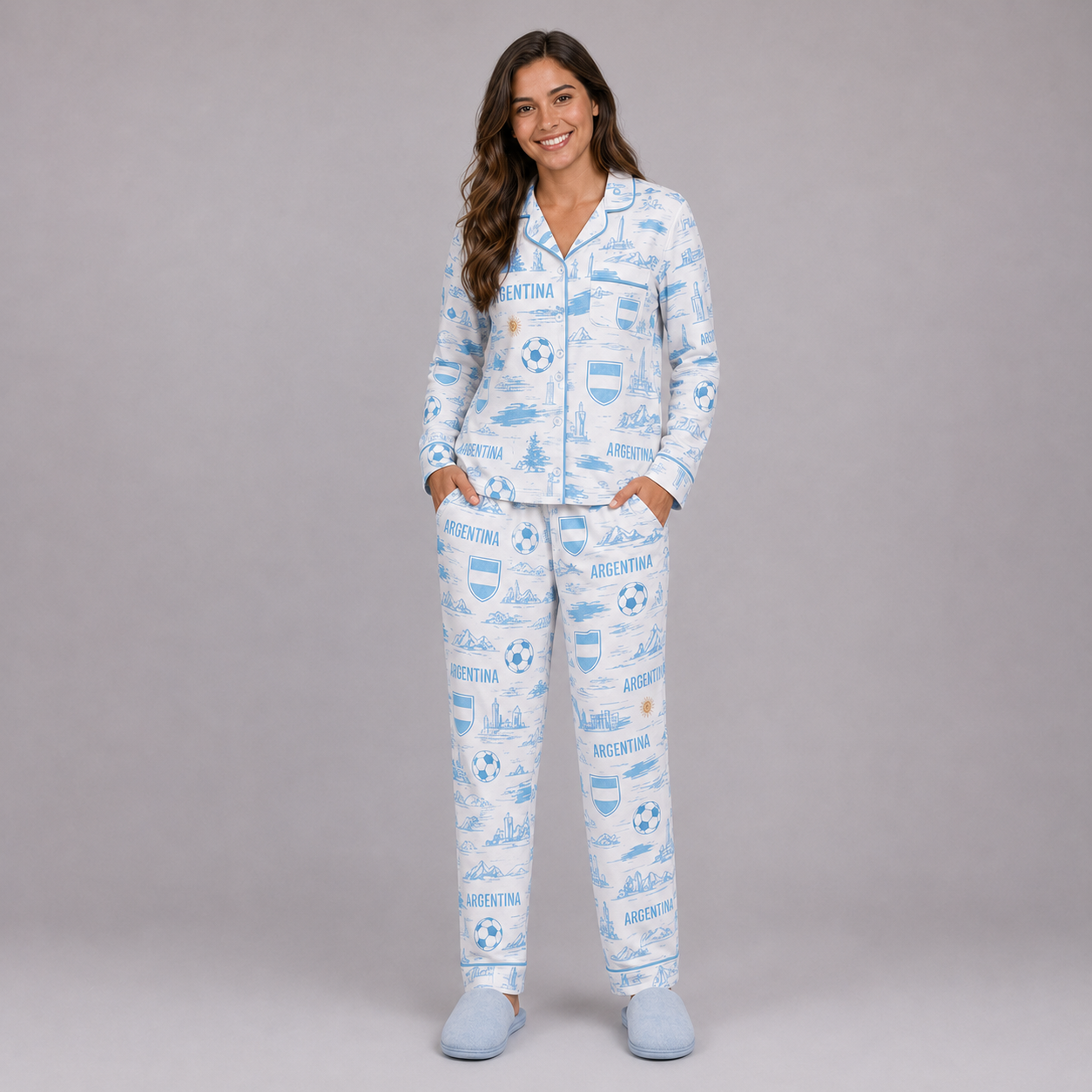 World Cup 2026 Argentina Football Themed All Over Printed Matching Pajama Set