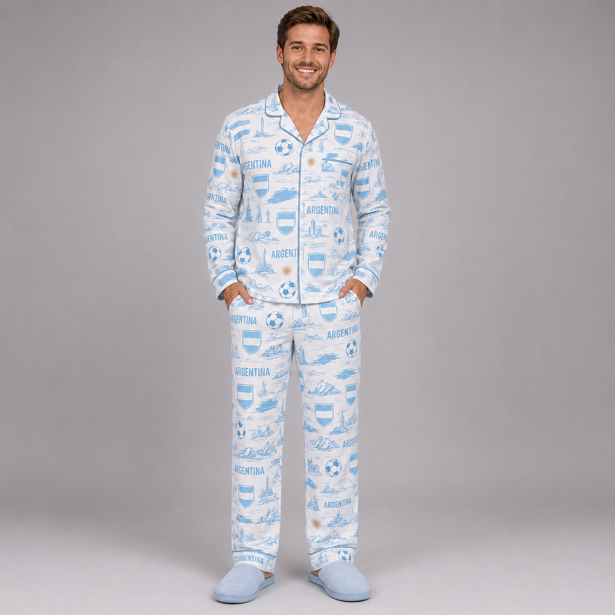 World Cup 2026 Argentina Football Themed All Over Printed Matching Pajama Set