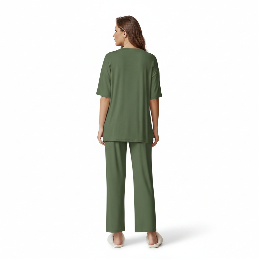 Two Piece Lounge Pajama Set With Short Sleeve Top And Pants For Women