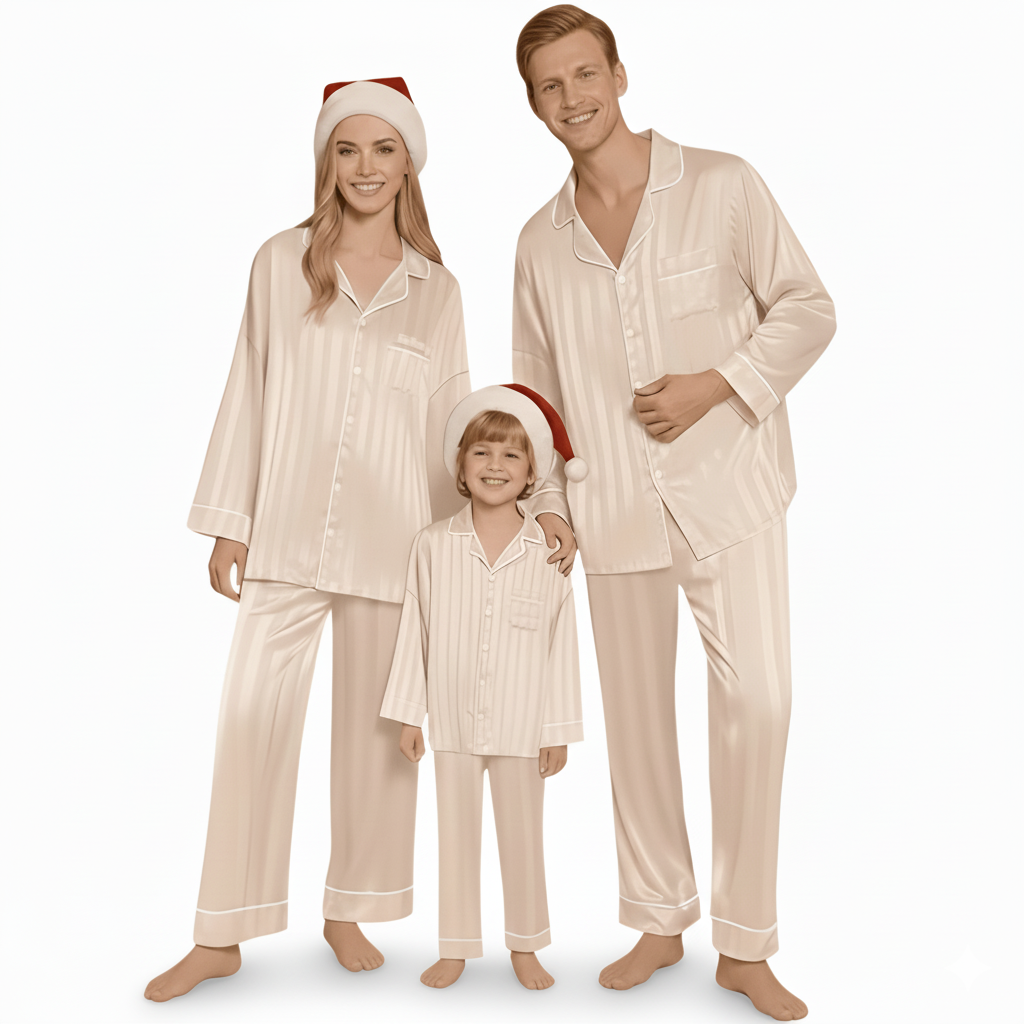Silk Matching Christmas Pajama Set With Striped Pattern