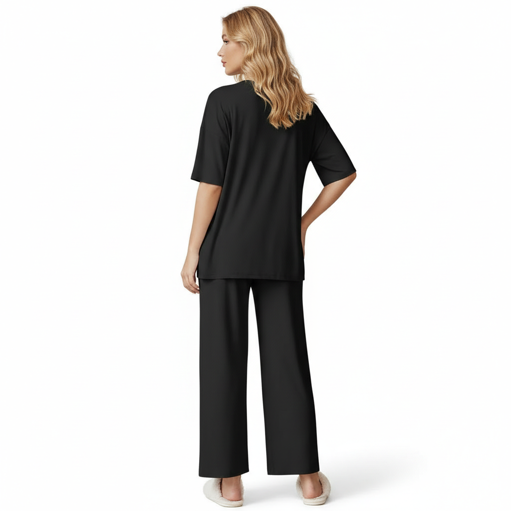Two Piece Lounge Pajama Set With Short Sleeve Top And Pants For Women
