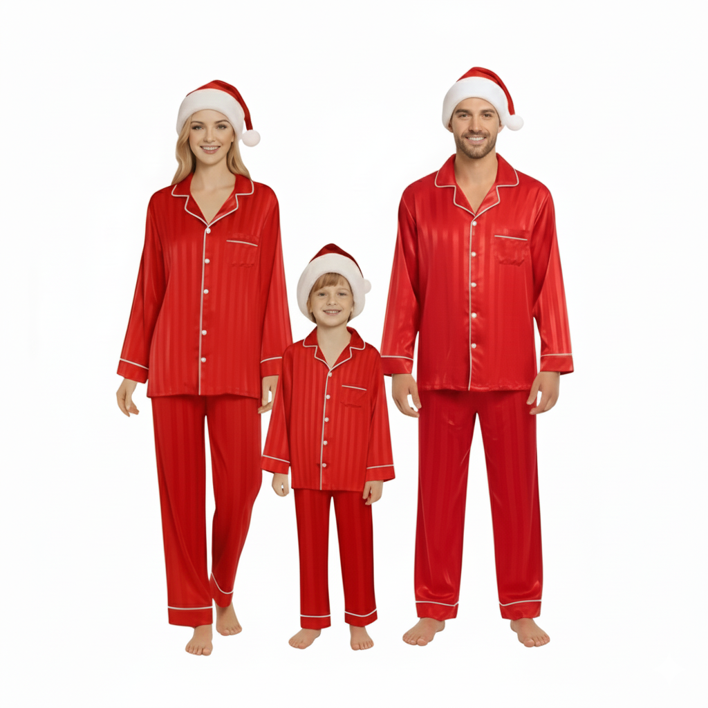 Silk Matching Christmas Pajama Set With Striped Pattern