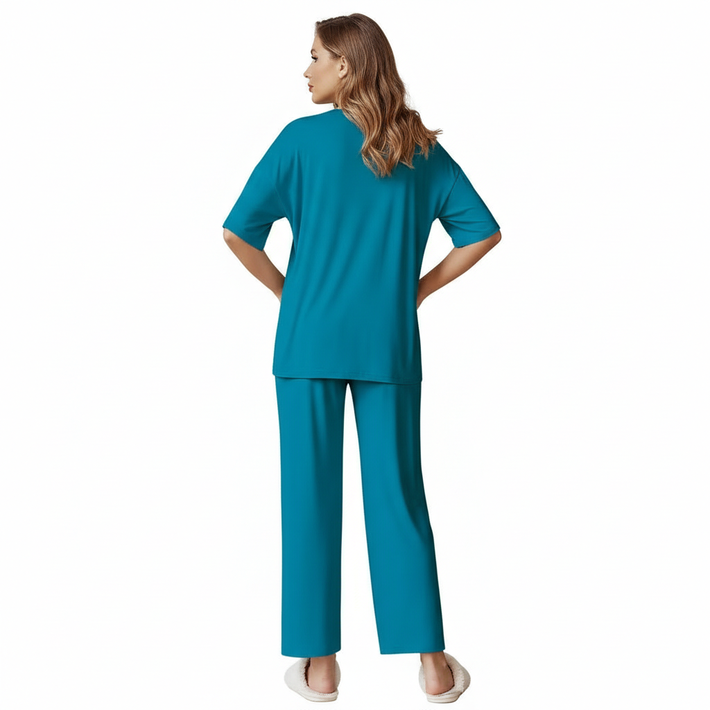 Two Piece Lounge Pajama Set With Short Sleeve Top And Pants For Women