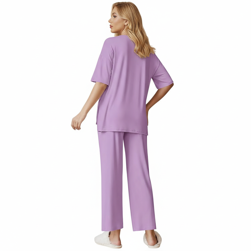 Two Piece Lounge Pajama Set With Short Sleeve Top And Pants For Women