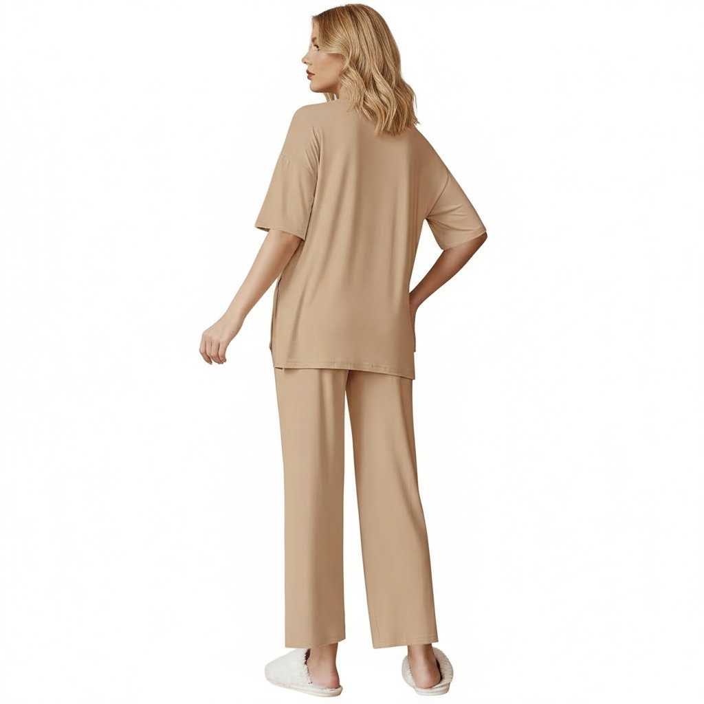 Two Piece Lounge Pajama Set With Short Sleeve Top And Pants For Women