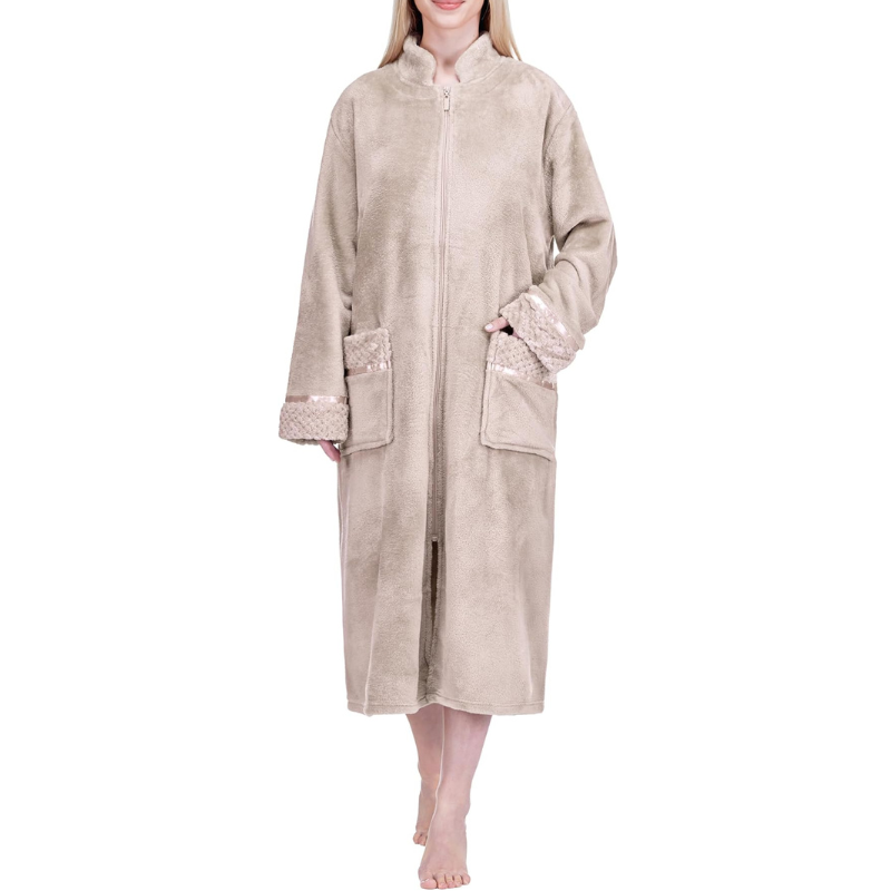 Cozy Zip Up Front Bathrobe With Soft Fleece For Women