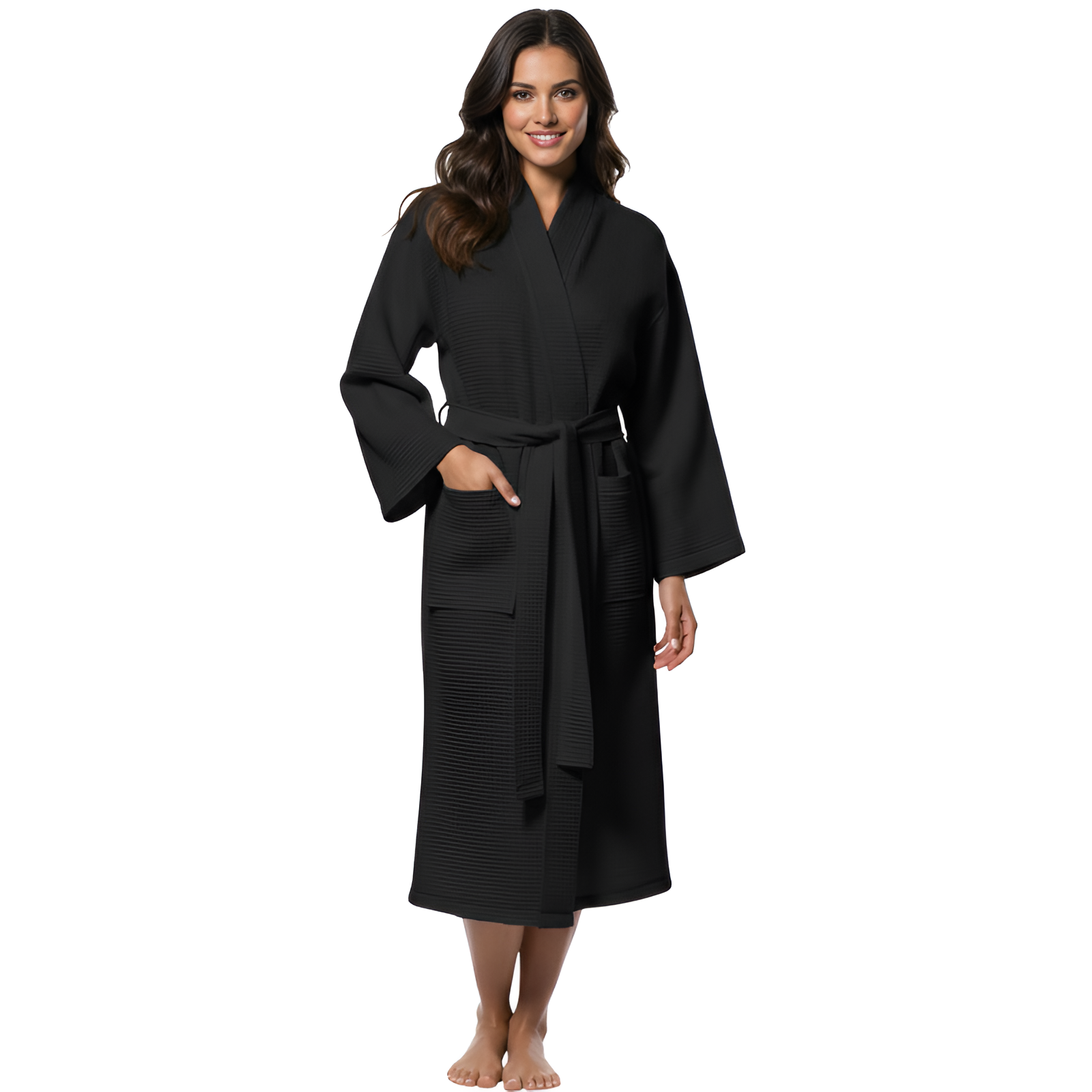 Lightweight Waffle Kimono Style Full Length Bathrobe