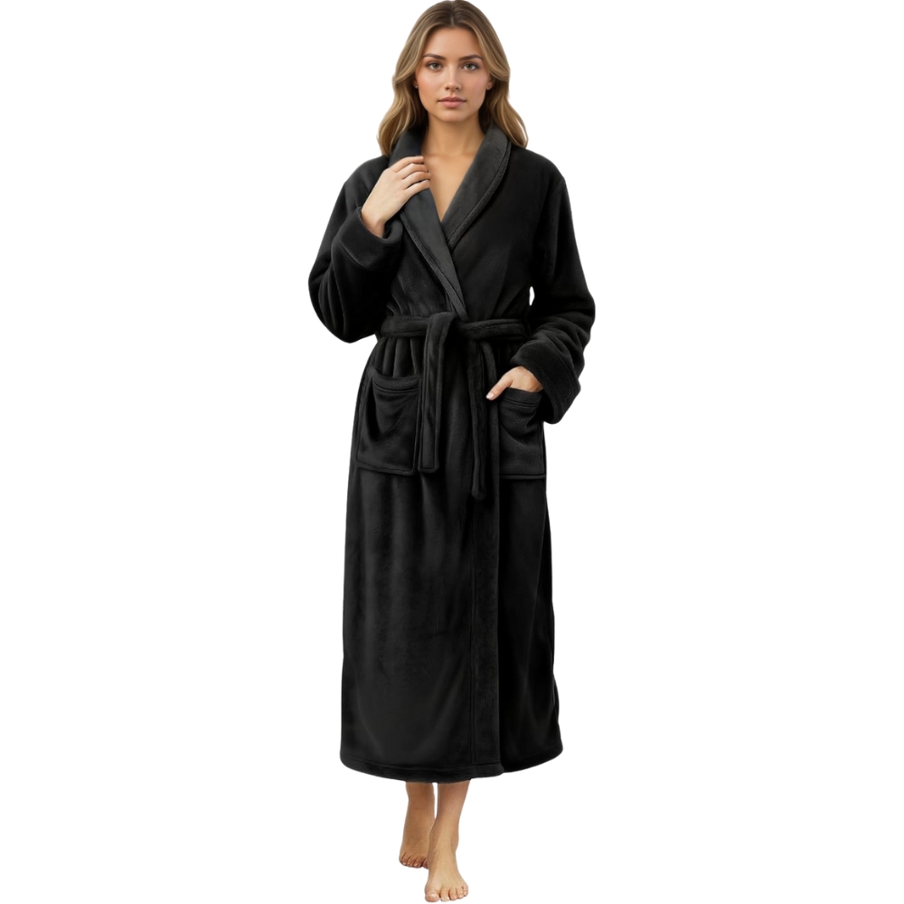 Plush Fleece Long Bath Robe With Shawl Collar And Belt For Women