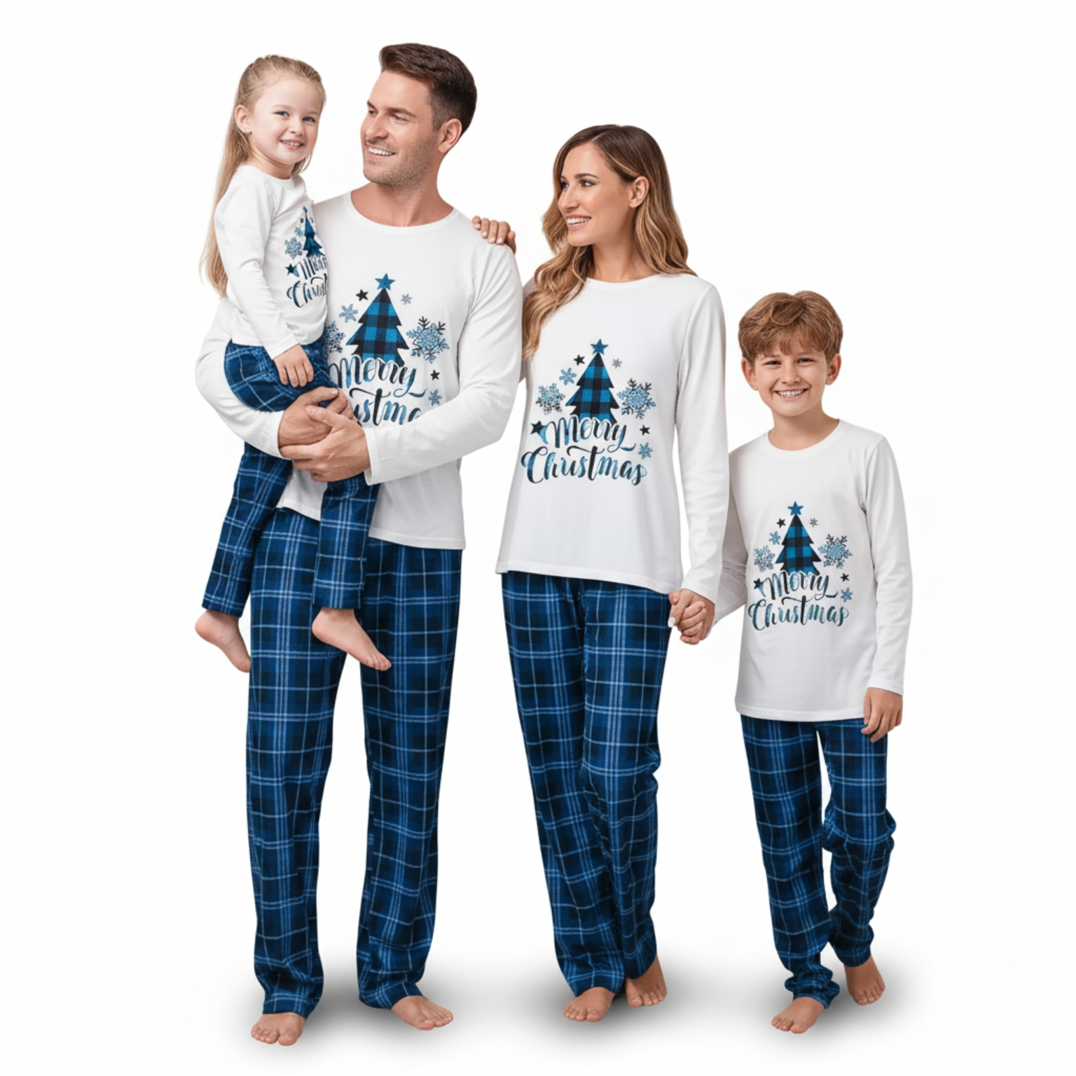 Blue Plaid Merry Christmas Family Matching Pajama Set