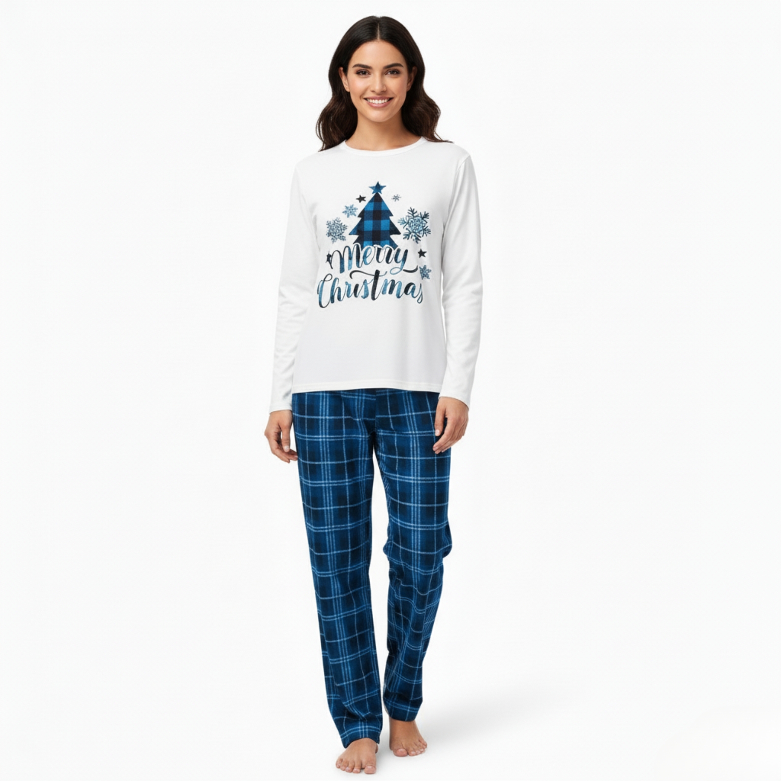 Blue Plaid Merry Christmas Family Matching Pajama Set