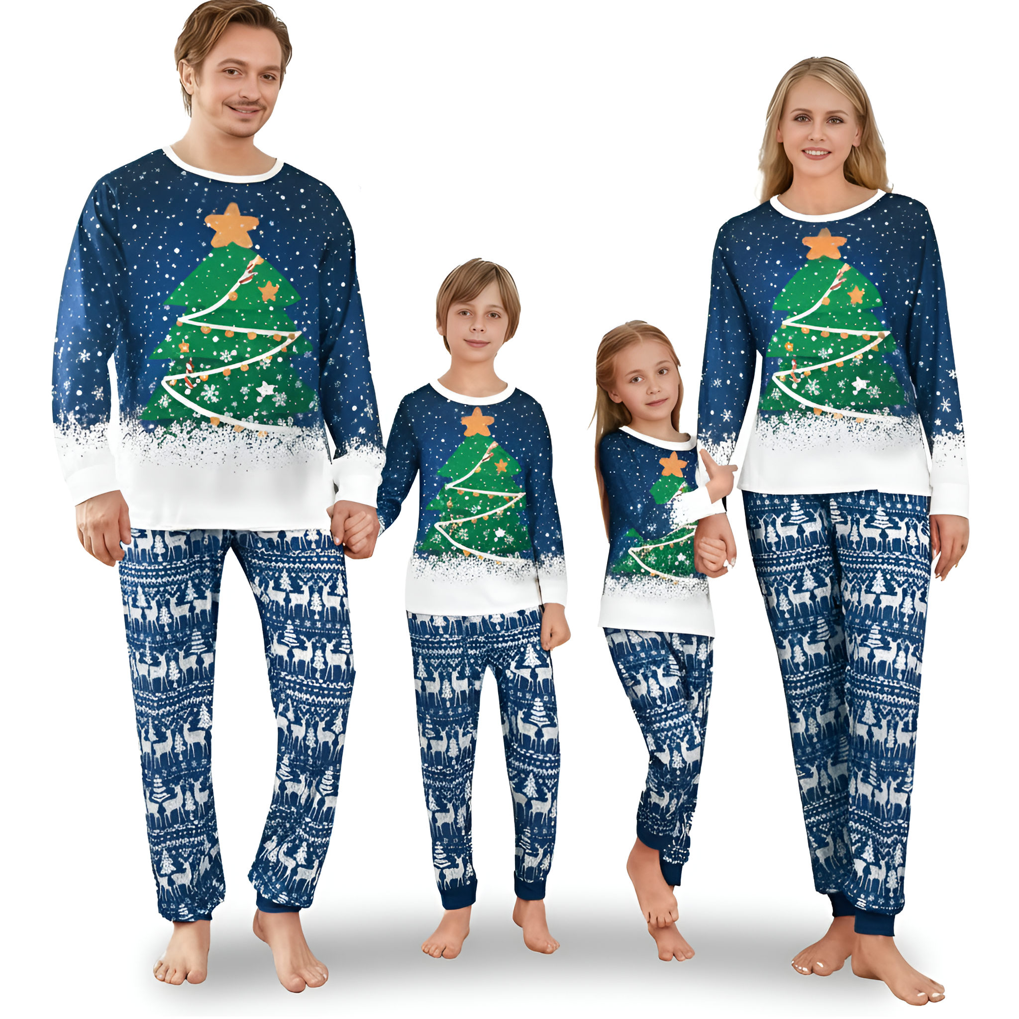 Blue Snow Print and Green Christmas Tree Design Family Matching Pajama Sets
