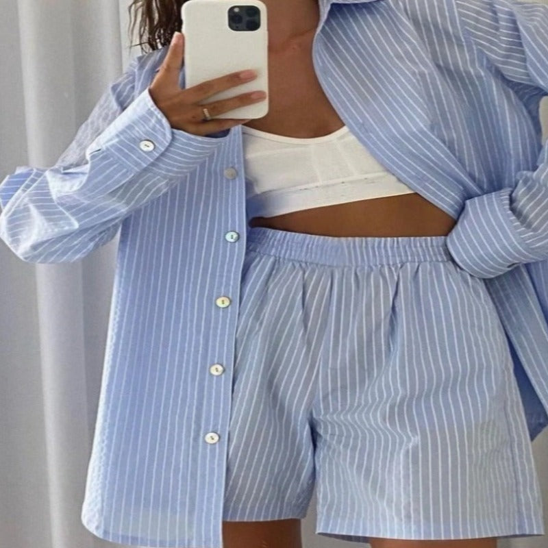Long-Sleeve Shirt Tops & High Waist Short Set-Original Pajamas