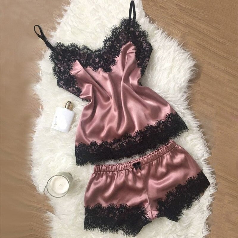 Women's Black Lace V-Neck Pajamas Set-Original Pajamas