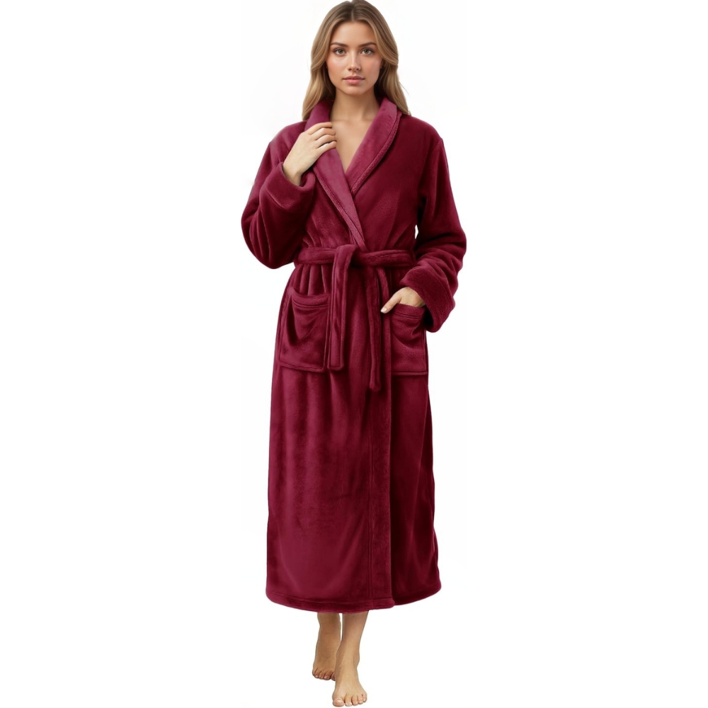 Plush Fleece Long Bath Robe With Shawl Collar And Belt For Women