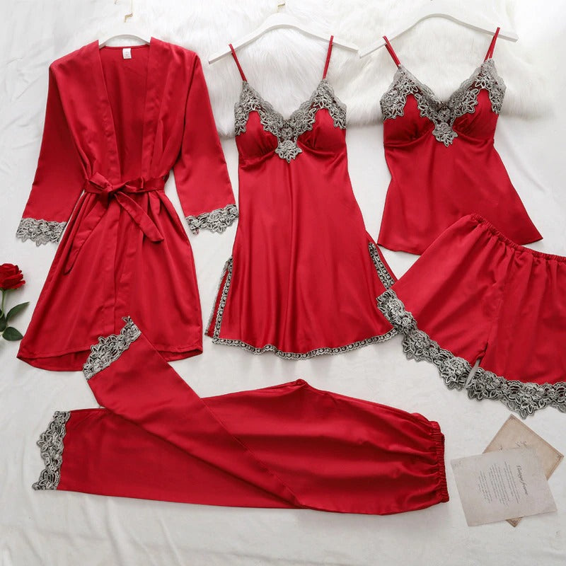 Women's 5 Piece Lace Satin Pajamas Set-Original Pajamas