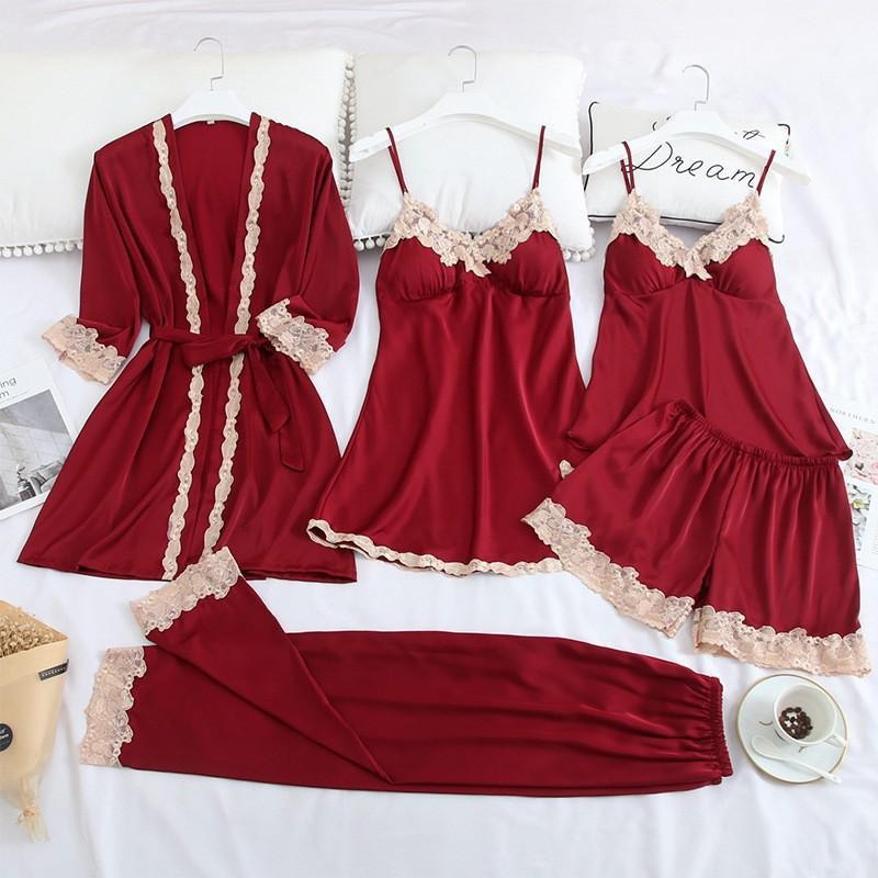 Women's 5 Piece Lace Satin Pajamas Set