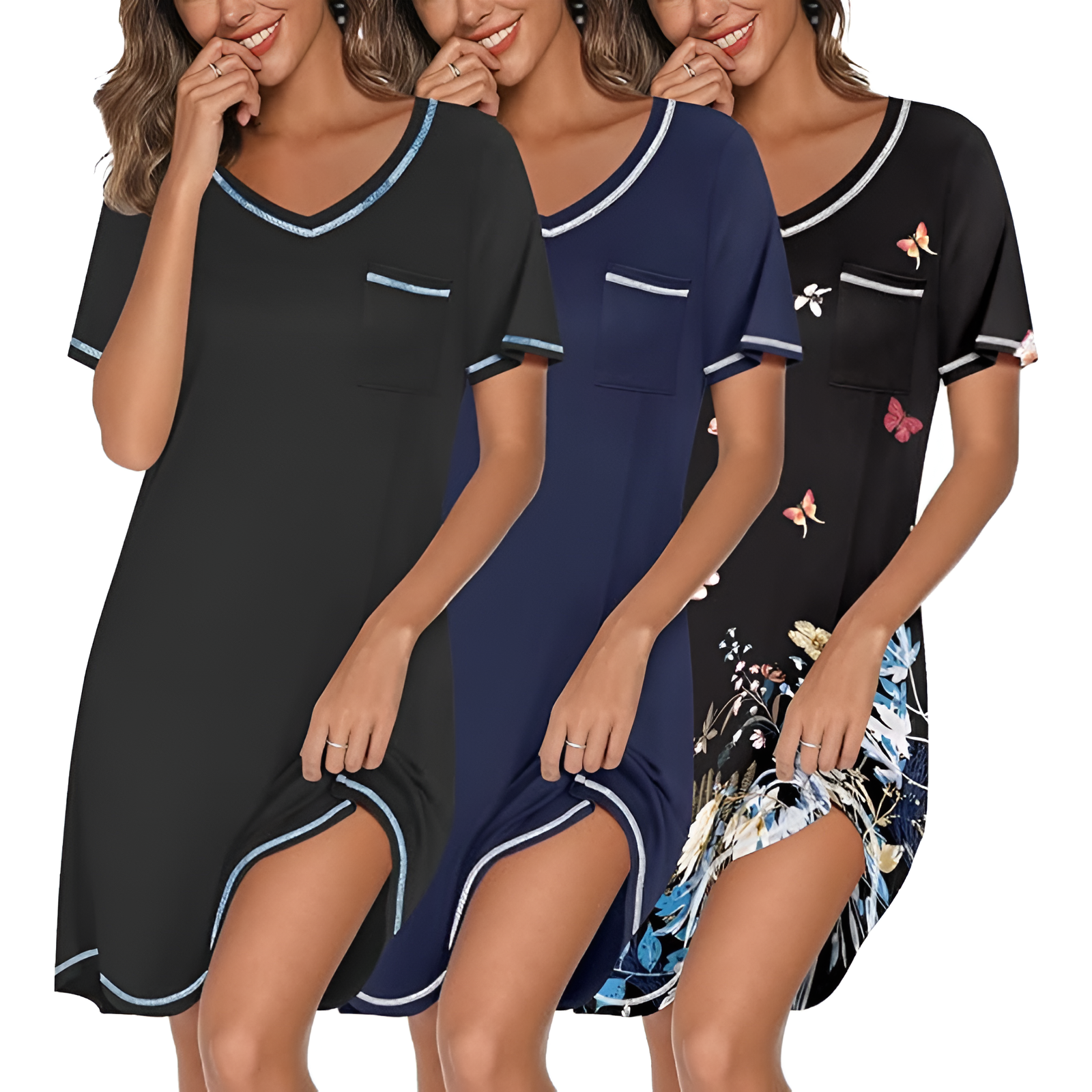 Pack Of 3 T Shirt Nightgowns With Short Sleeve And Pocket For Women