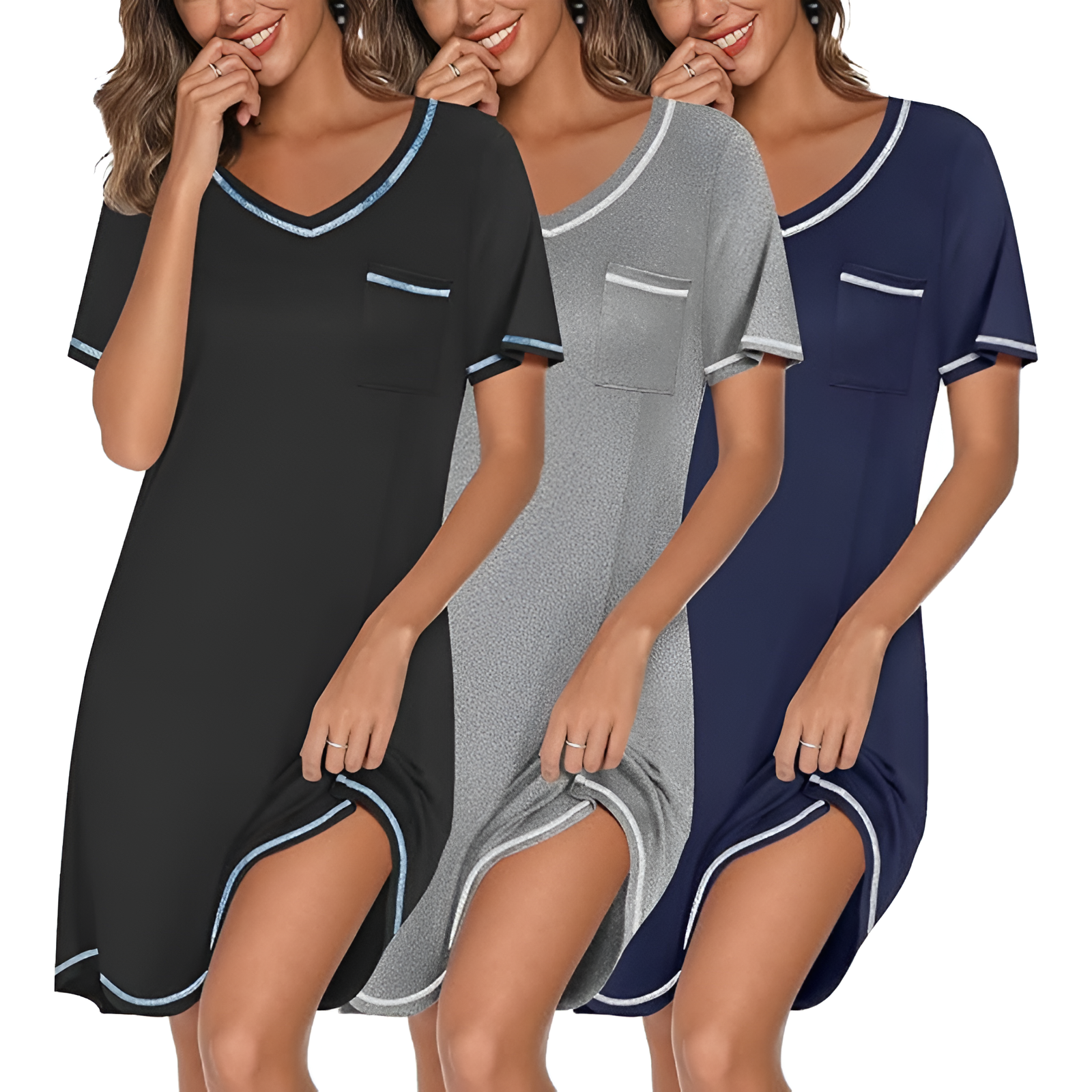 Pack Of 3 T Shirt Nightgowns With Short Sleeve And Pocket For Women