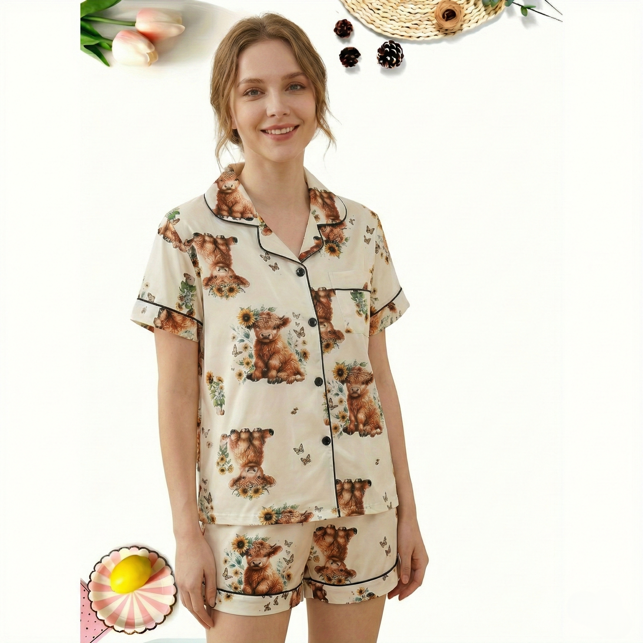 Cartoon Highland Cow Pajama Set