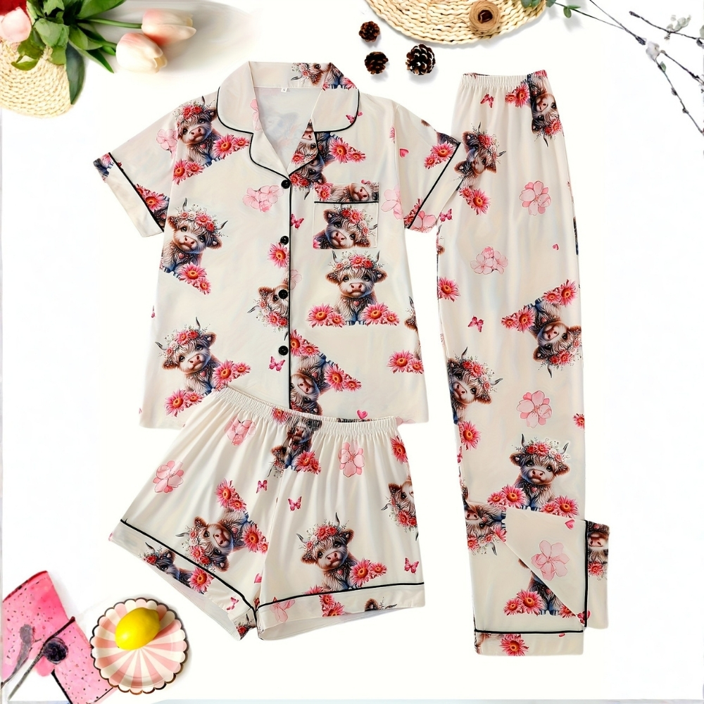 Cartoon Highland Cow Pajama Set