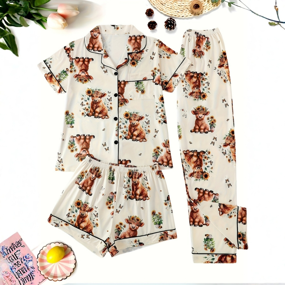 Cartoon Highland Cow Pajama Set